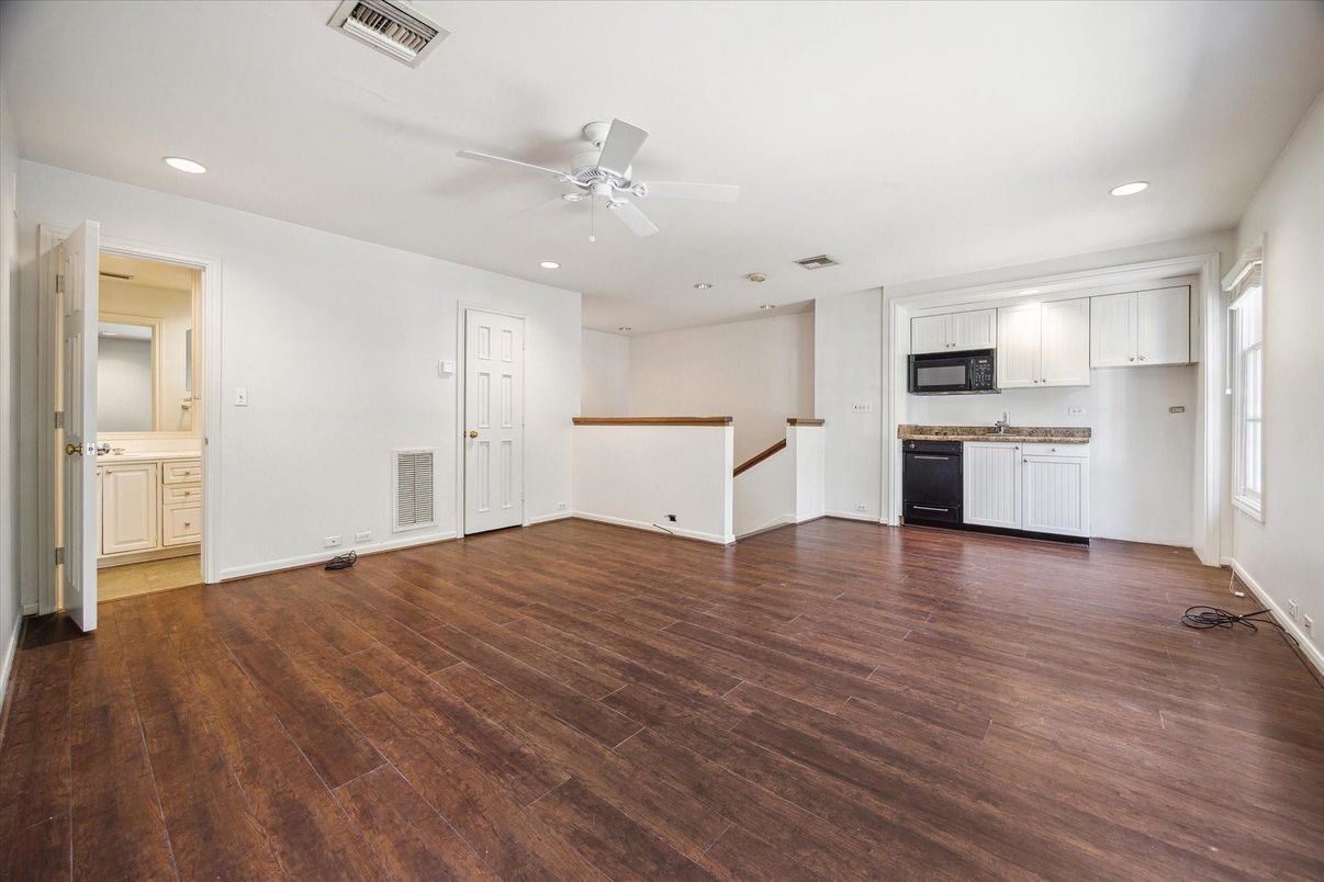 Empty room, Interior, Kitchen, Recessed Lighting, Wood Texture Flooring