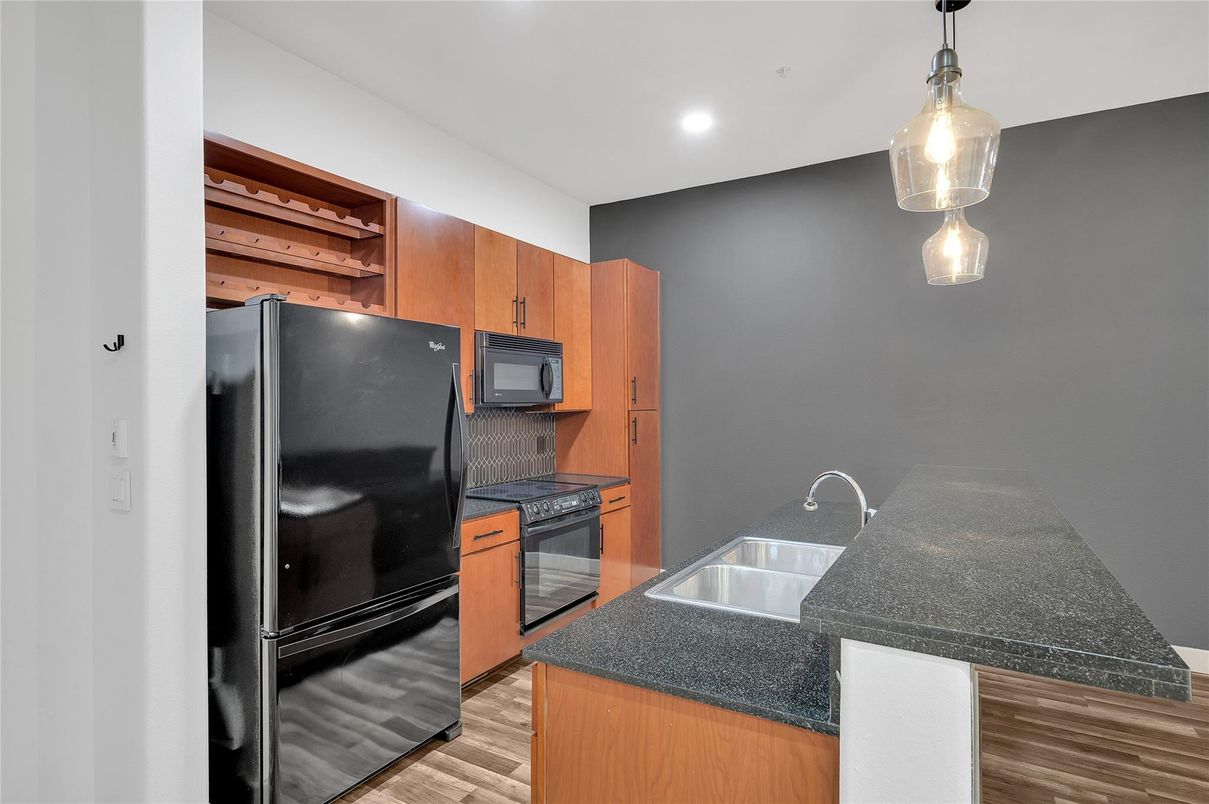 Interior, Kitchen, Pendant Lights, Recessed Lighting, Washer, Wood Texture Flooring