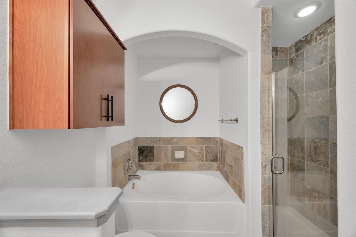Bathroom, Glass Shower, Interior, Recessed Lighting, Stone Walls