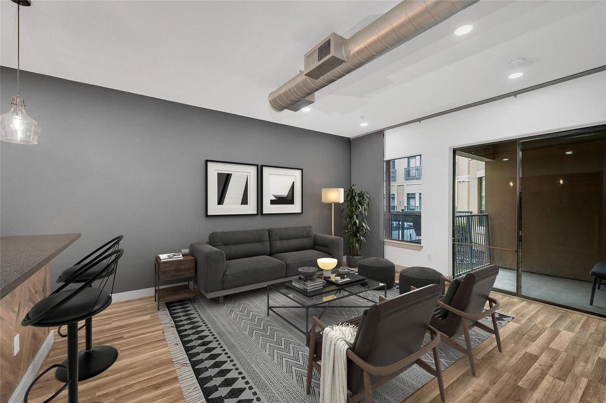 Interior, Living room, Pendant Lights, Recessed Lighting, Wood Texture Flooring