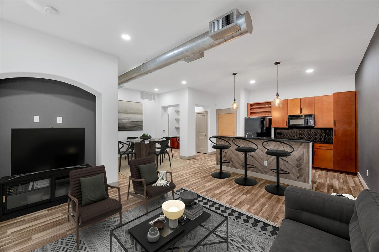 Interior, Kitchen, Living room, Pendant Lights, Recessed Lighting, Wood Texture Flooring