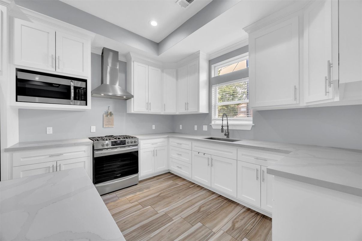 Interior, Kitchen, Recessed Lighting, Stainless Steel Appliances, Wood Texture Flooring