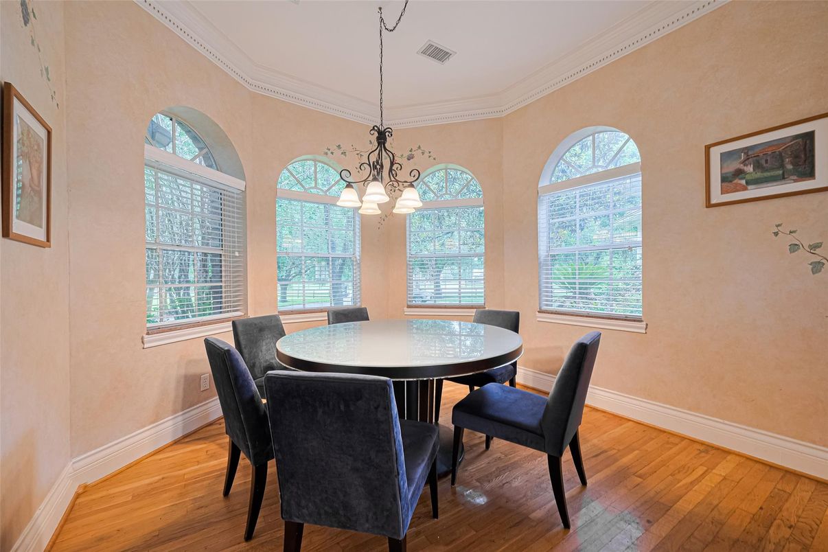 Dining room, Interior, Pendant Lights, Wood Texture Flooring