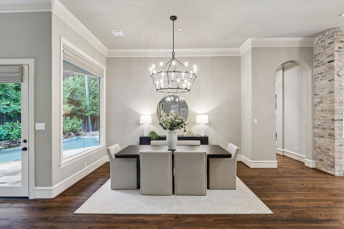 Dining room, Interior, Pendant Lights, Stone Walls, Wood Texture Flooring
