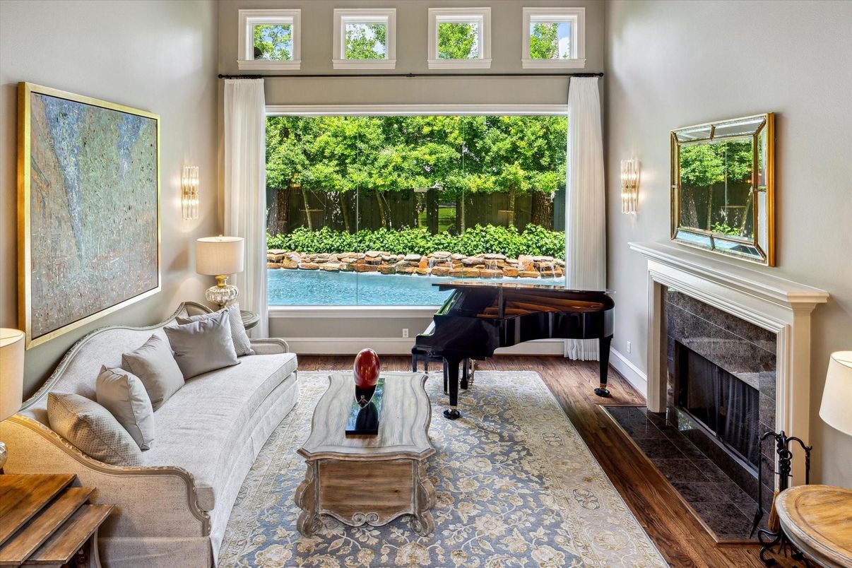 Fireplace, Interior, Living room, Piano, Wood Texture Flooring