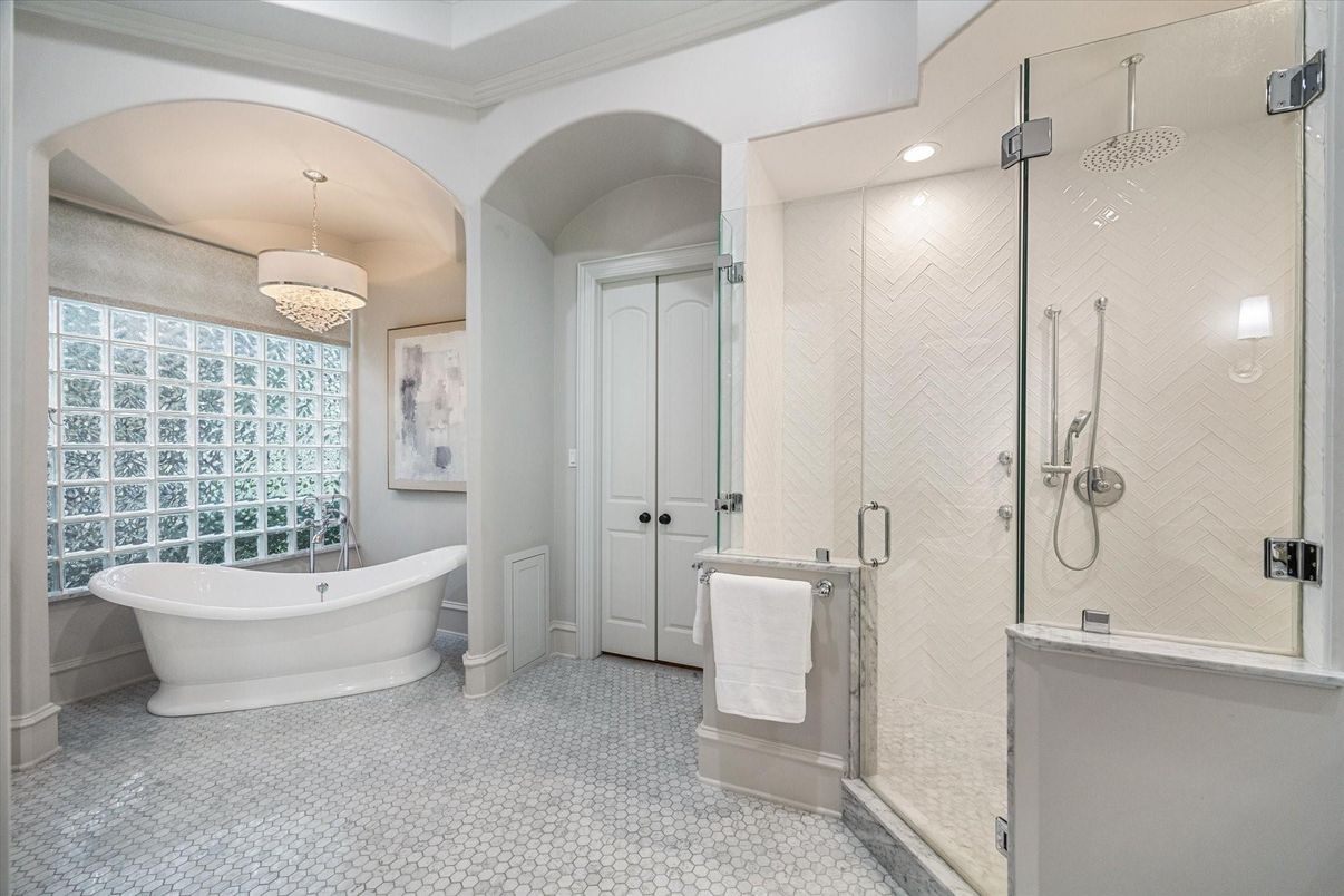 Bathroom, Chandelier, Free Standing Baths, Glass Shower, Interior, Recessed Lighting