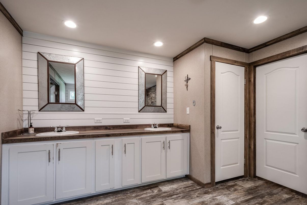 Bathroom, Dual Sink Vanities, Interior, Recessed Lighting, Wood Texture Flooring