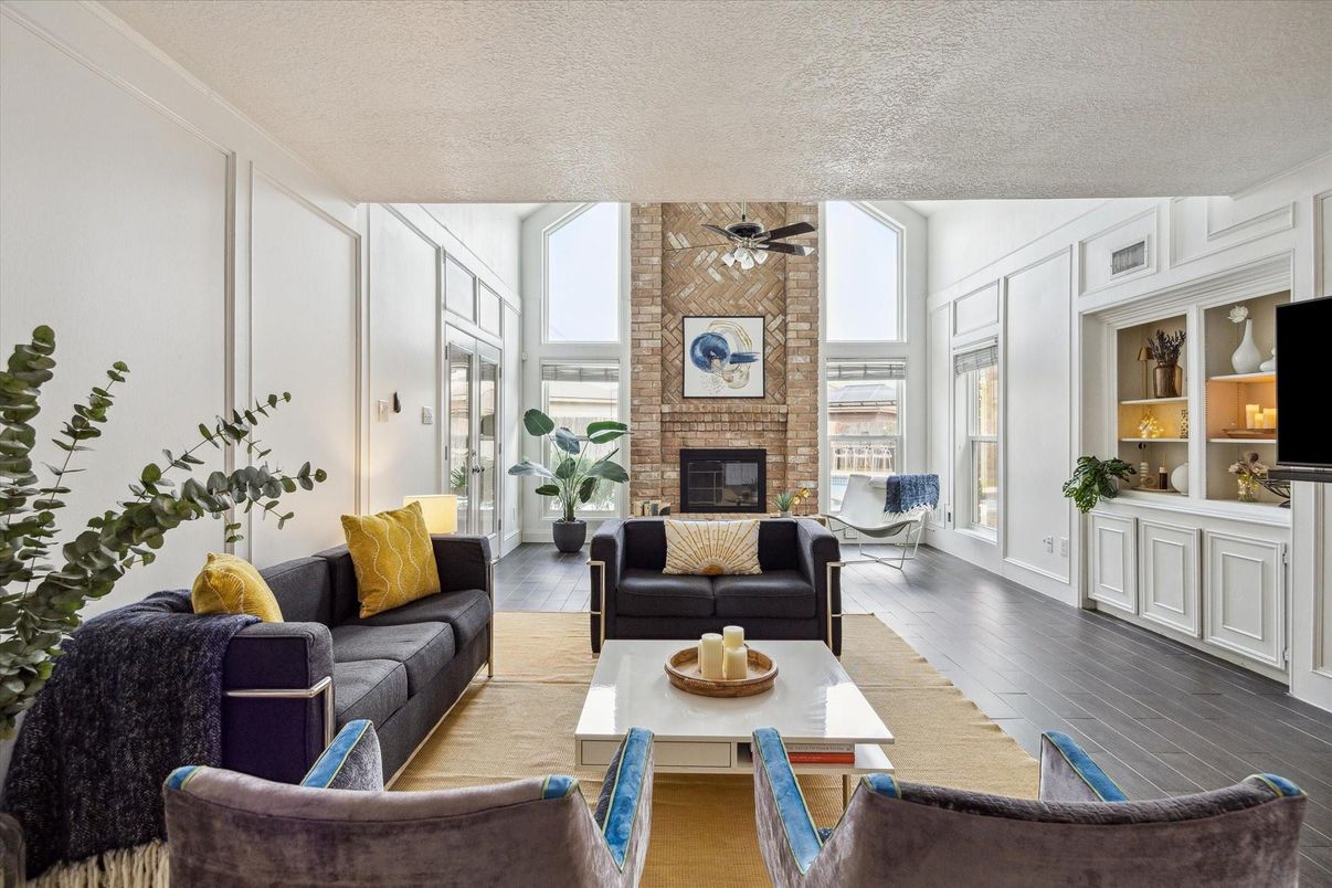 Fireplace, Interior, Living room, Stone Walls, Wood Texture Flooring