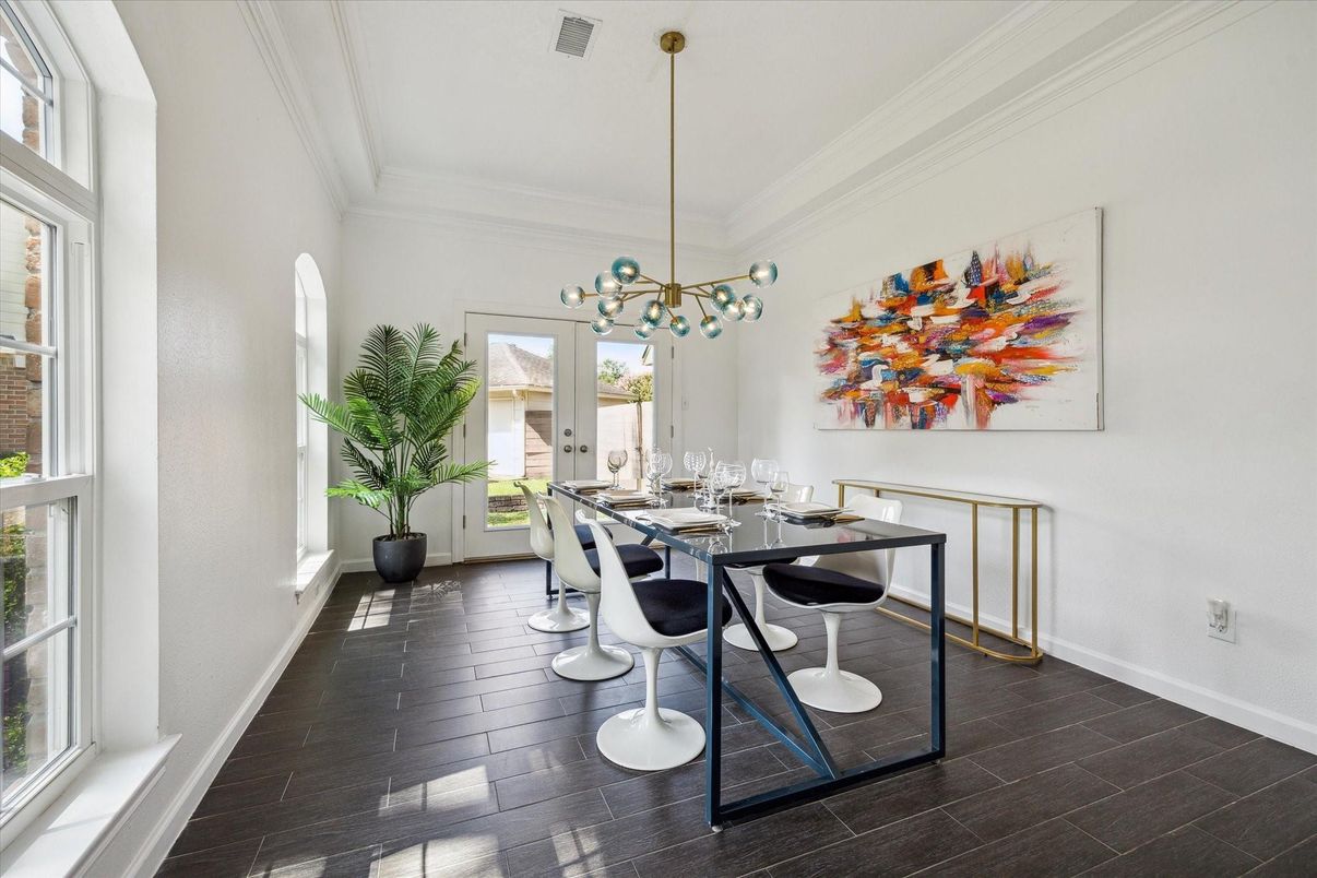 Dining room, Interior, Pendant Lights, Wood Texture Flooring