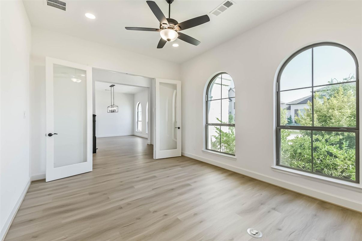 Empty room, Interior, Pendant Lights, Recessed Lighting, Wood Texture Flooring