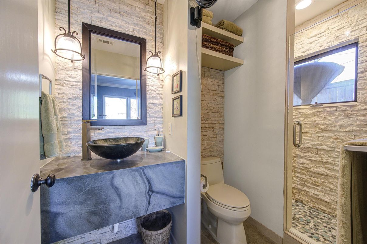 Bathroom, Glass Shower, Interior, Pendant Lights, Stone Walls