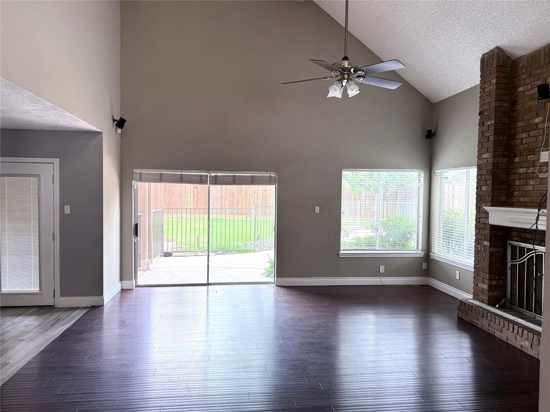 Empty room, Fireplace, Interior, Stone Walls, Wood Texture Flooring