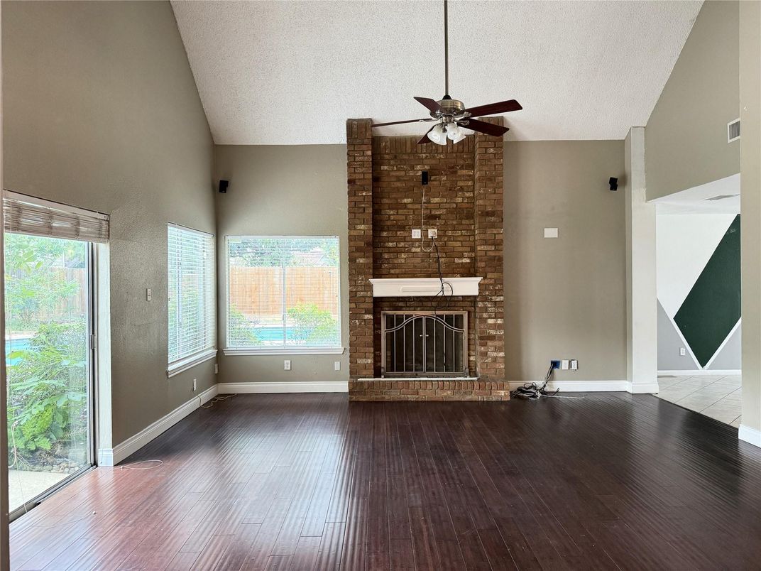 Empty room, Fireplace, Interior, Stone Walls, Wood Texture Flooring