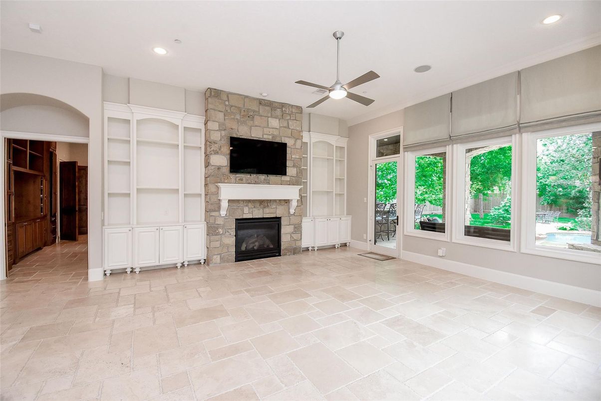 Empty room, Fireplace, Interior, Recessed Lighting, Stone Walls
