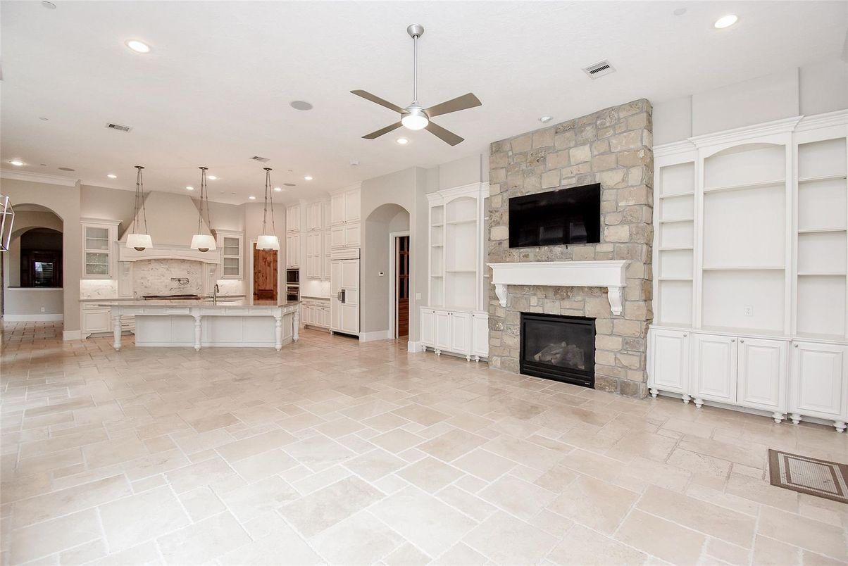 Fireplace, Interior, Kitchen, Pendant Lights, Recessed Lighting, Stone Walls