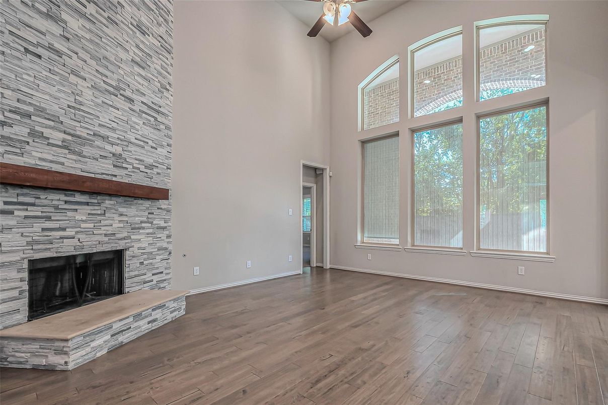 Empty room, Fireplace, Interior, Stone Walls, Wood Texture Flooring