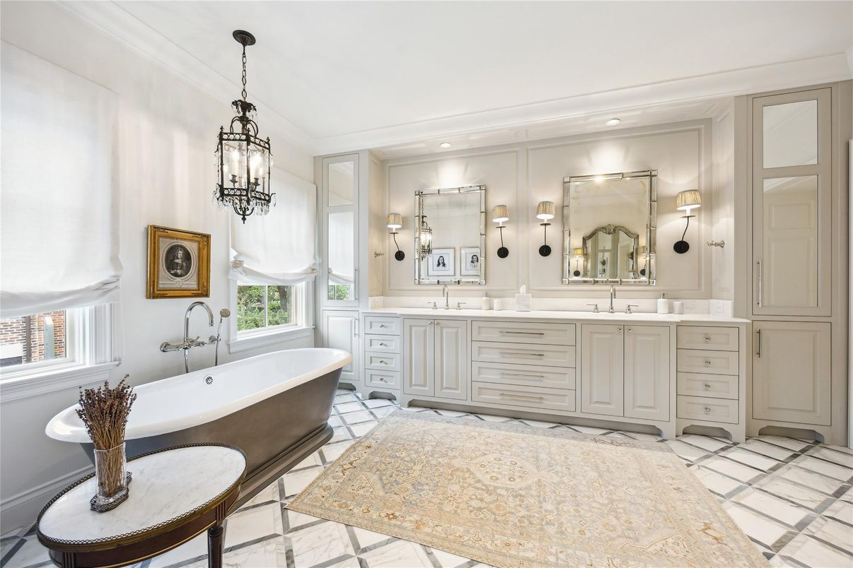 Bathroom, Dual Sink Vanities, Free Standing Baths, Interior, Marble, Pendant Lights, Recessed Lighting