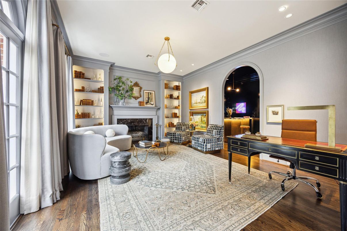 Fireplace, Home Office, Interior, Living room, Pendant Lights, Recessed Lighting, Wood Texture Flooring