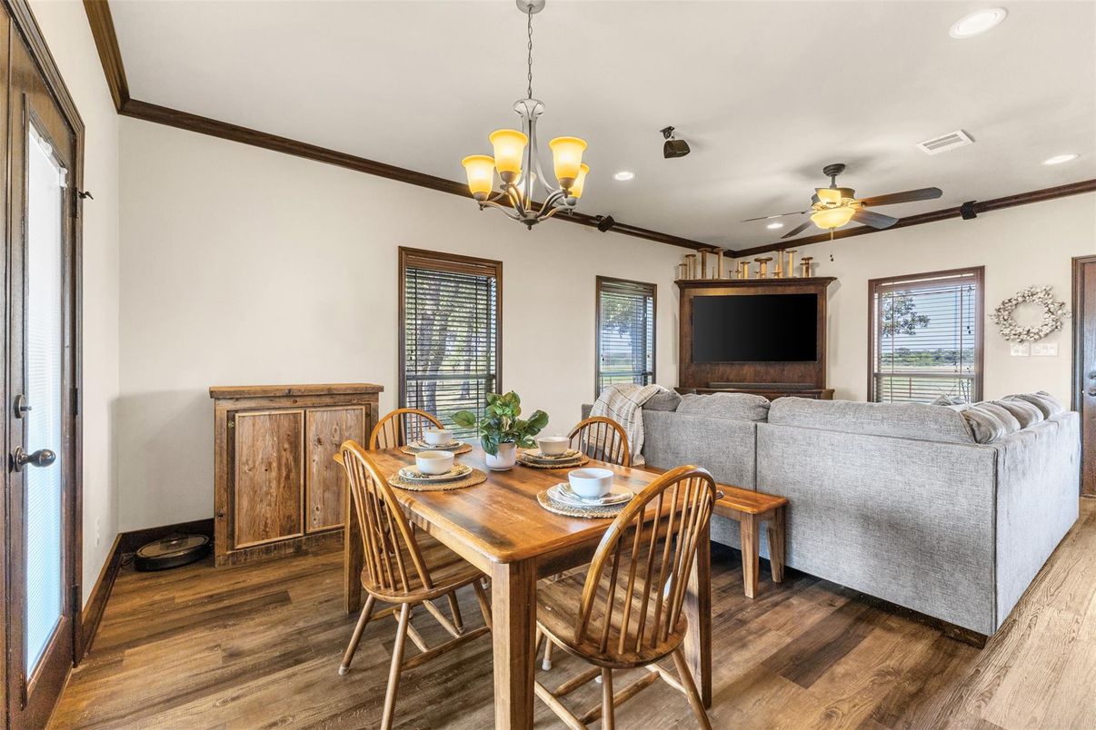 Chandelier, Dining room, Interior, Living room, Recessed Lighting, Wood Texture Flooring