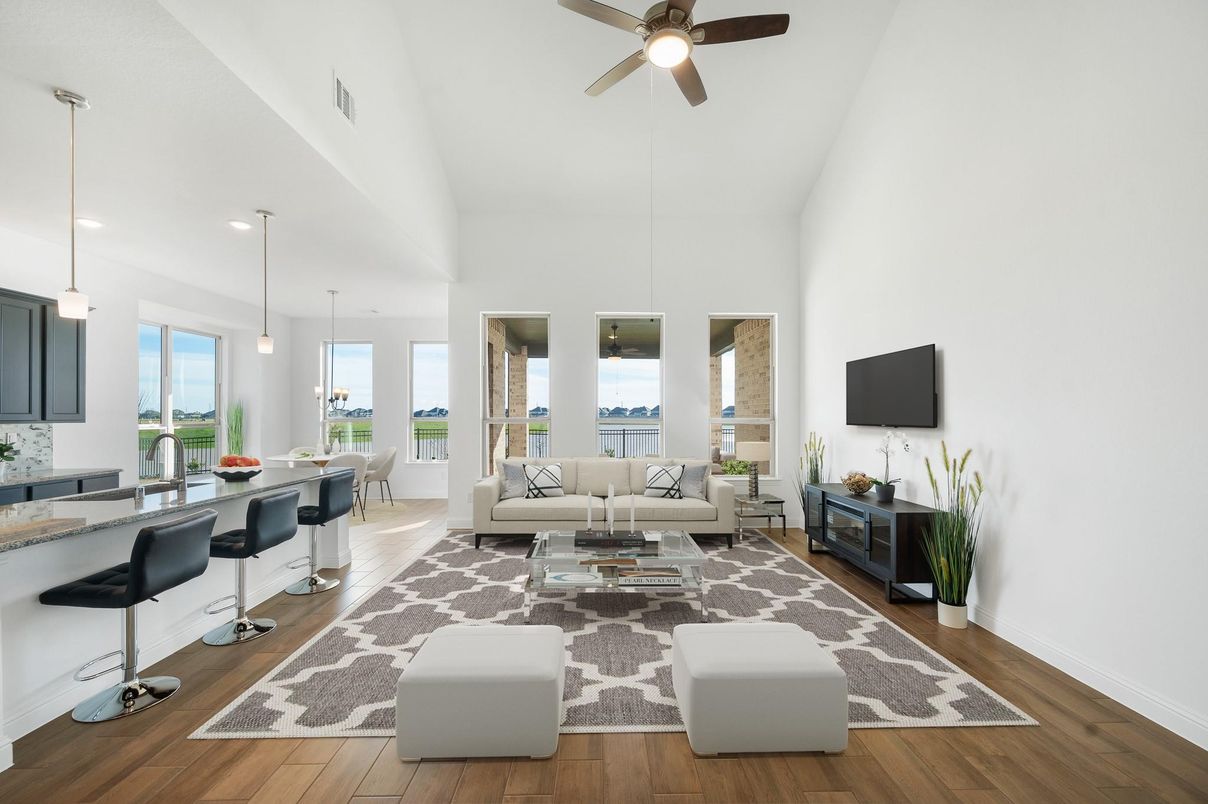 Dining room, Interior, Living room, Pendant Lights, Recessed Lighting, Wood Texture Flooring