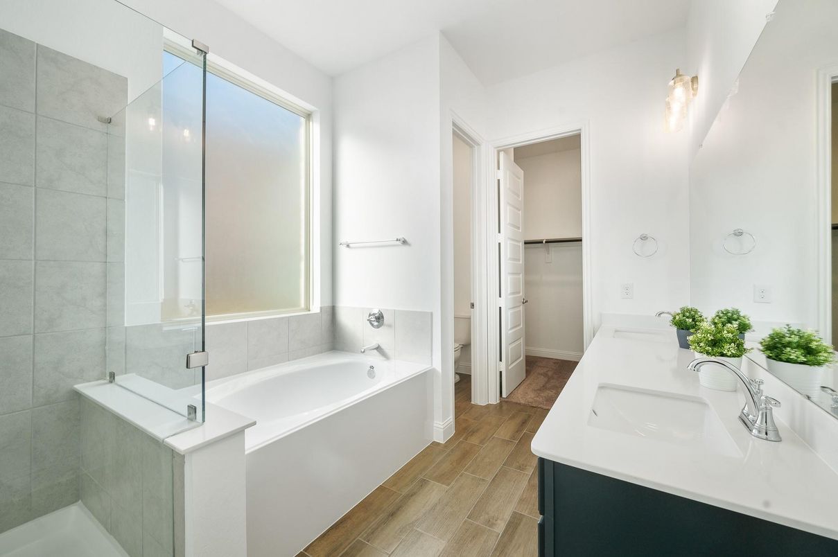 Bathroom, Dual Sink Vanities, Glass Shower, Interior, Wood Texture Flooring
