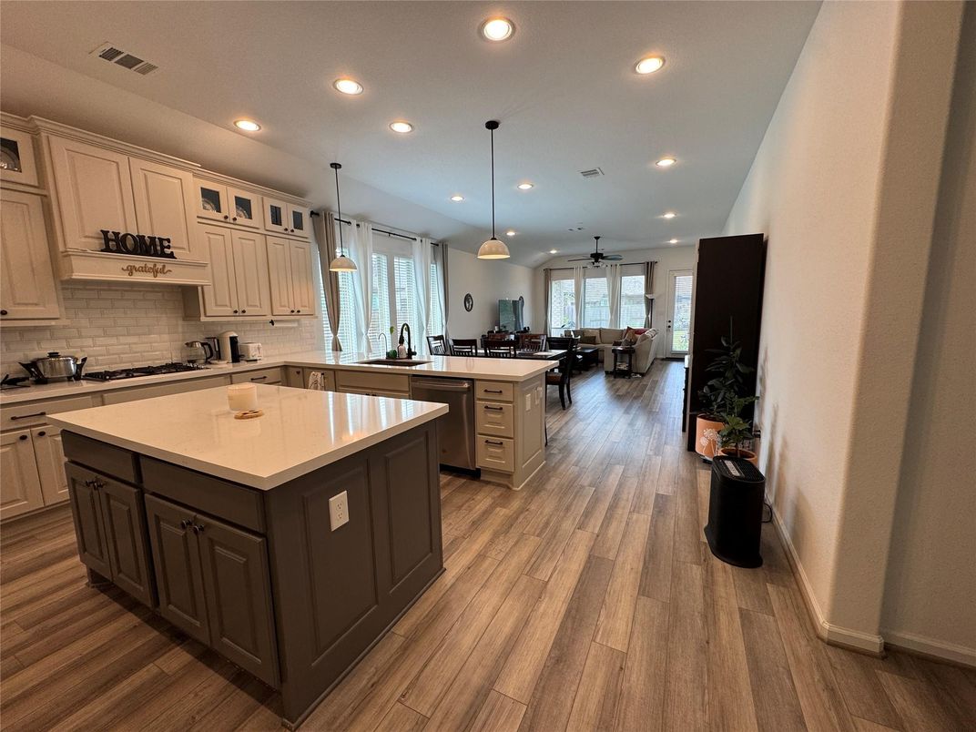 Interior, Kitchen, Pendant Lights, Recessed Lighting, Wood Texture Flooring