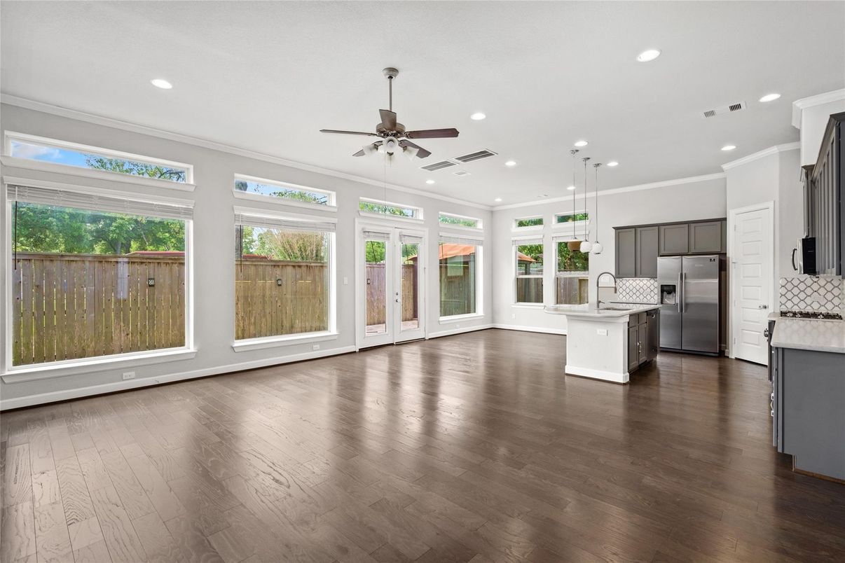Interior, Kitchen, Pendant Lights, Recessed Lighting, Stainless Steel Appliances, Wood Texture Flooring