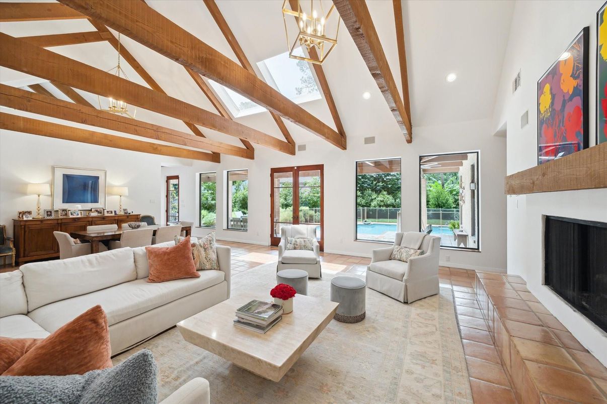 Dining room, Fireplace, Interior, Living room, Pendant Lights, Recessed Lighting, Wooden Beams