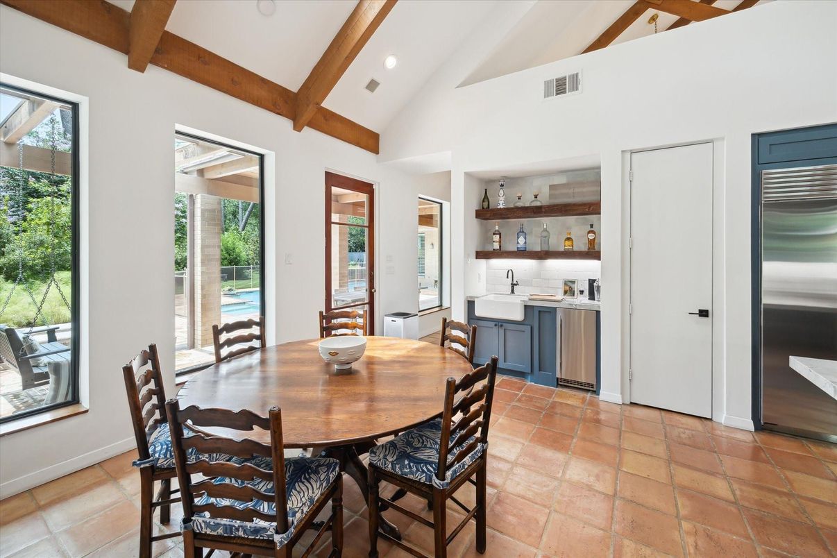 Dining room, Interior, Kitchen, Recessed Lighting, Stainless Steel Appliances, Wooden Beams