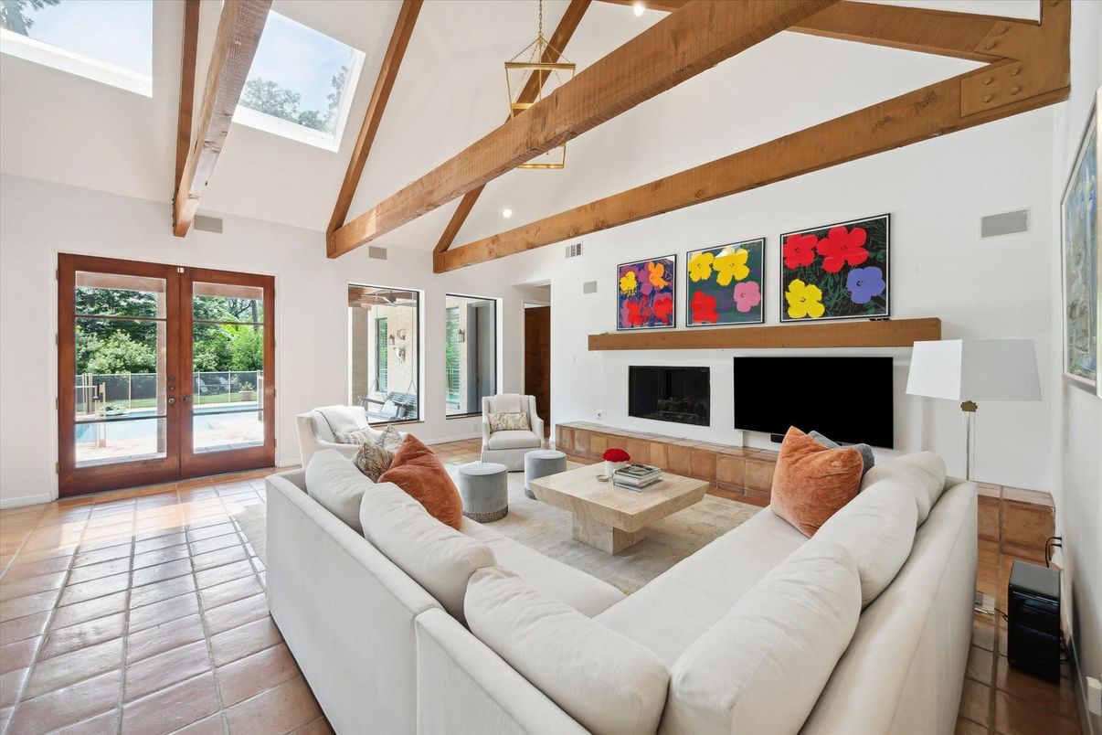 Fireplace, Interior, Living room, Recessed Lighting, Wooden Beams