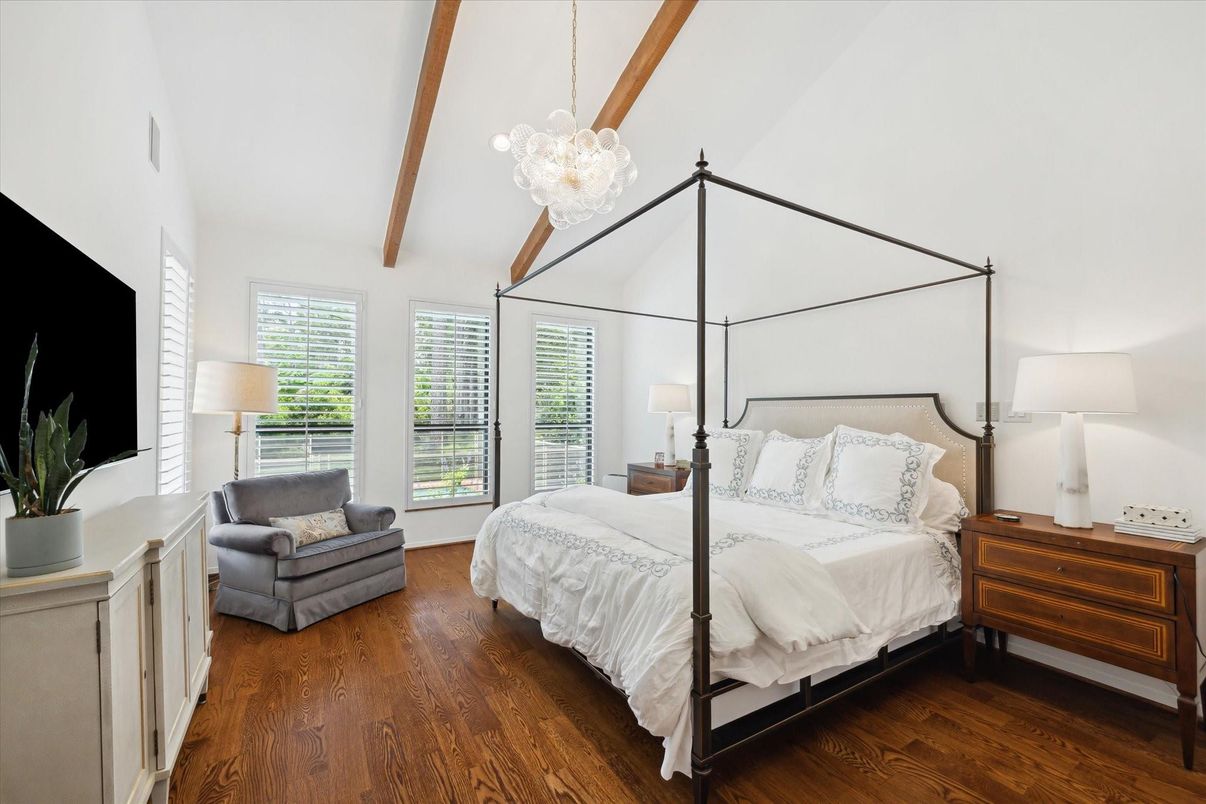 Bedroom, Interior, Pendant Lights, Wooden Beams, Wood Texture Flooring