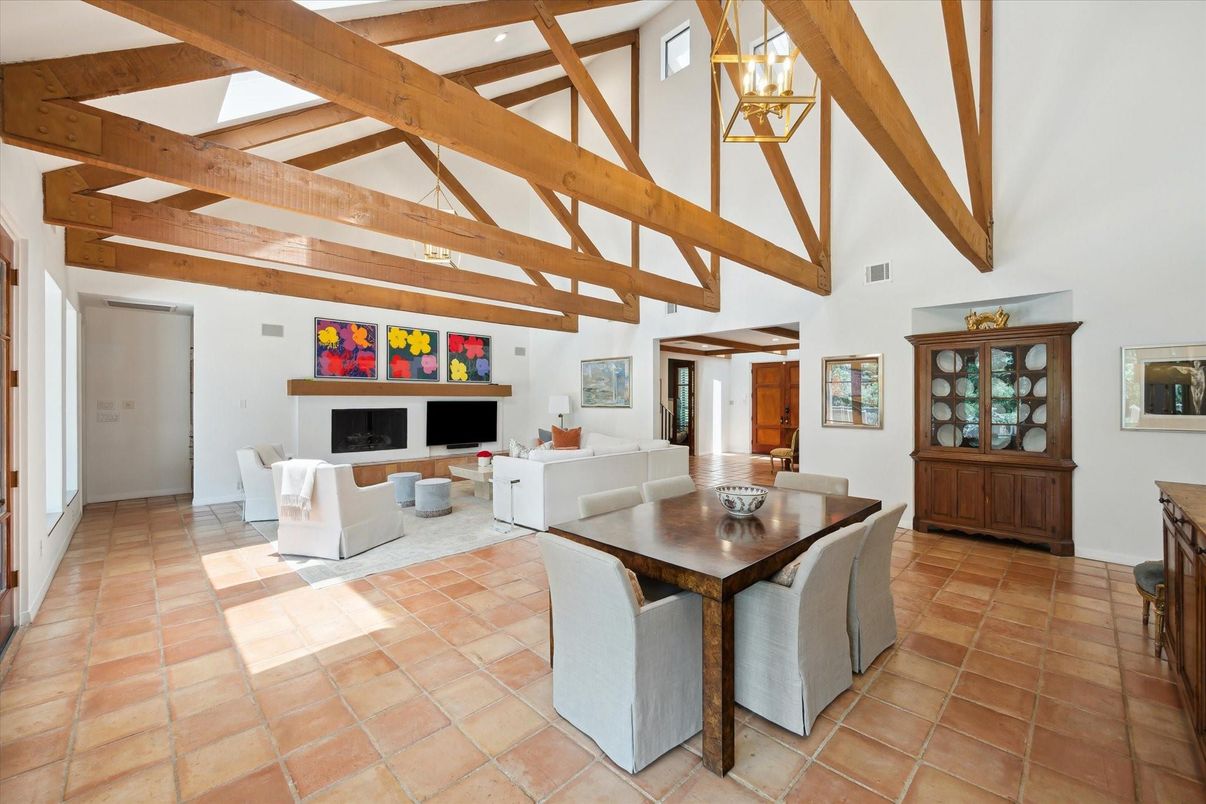 Dining room, Fireplace, Interior, Living room, Pendant Lights, Wooden Beams