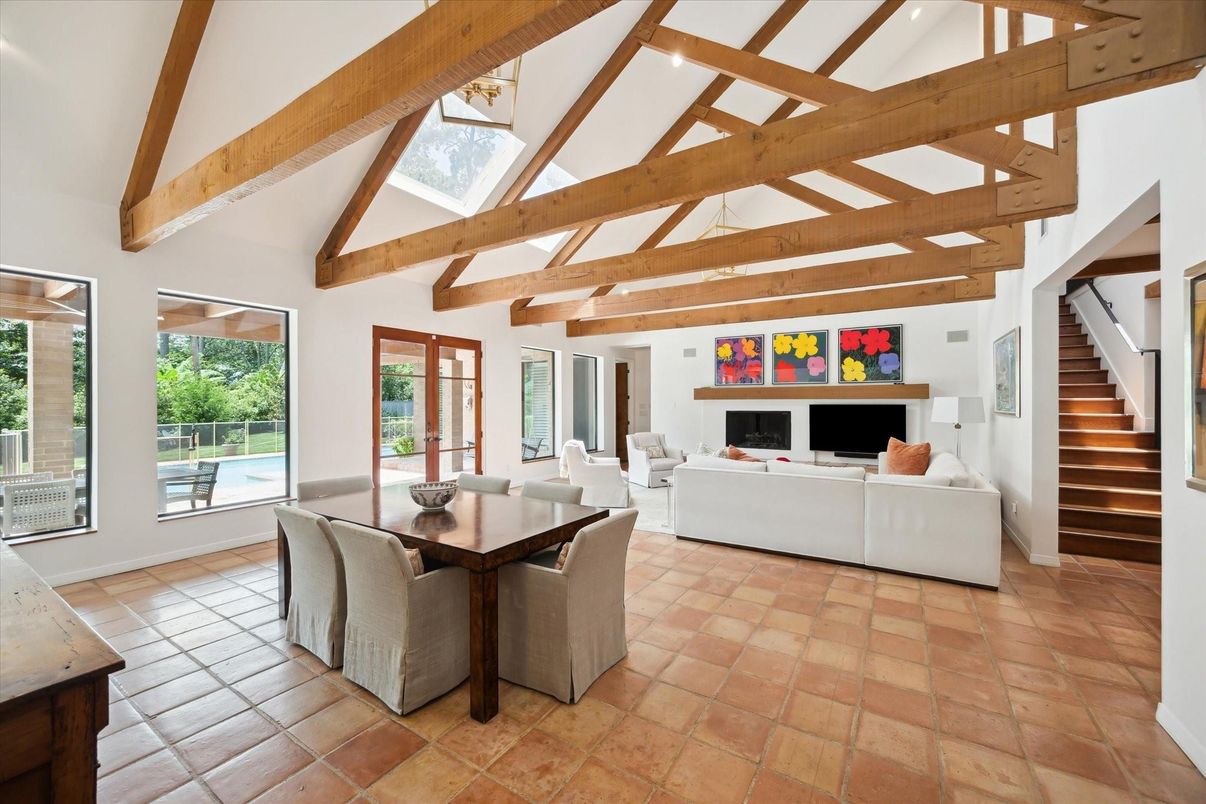 Dining room, Fireplace, Interior, Living room, Wooden Beams