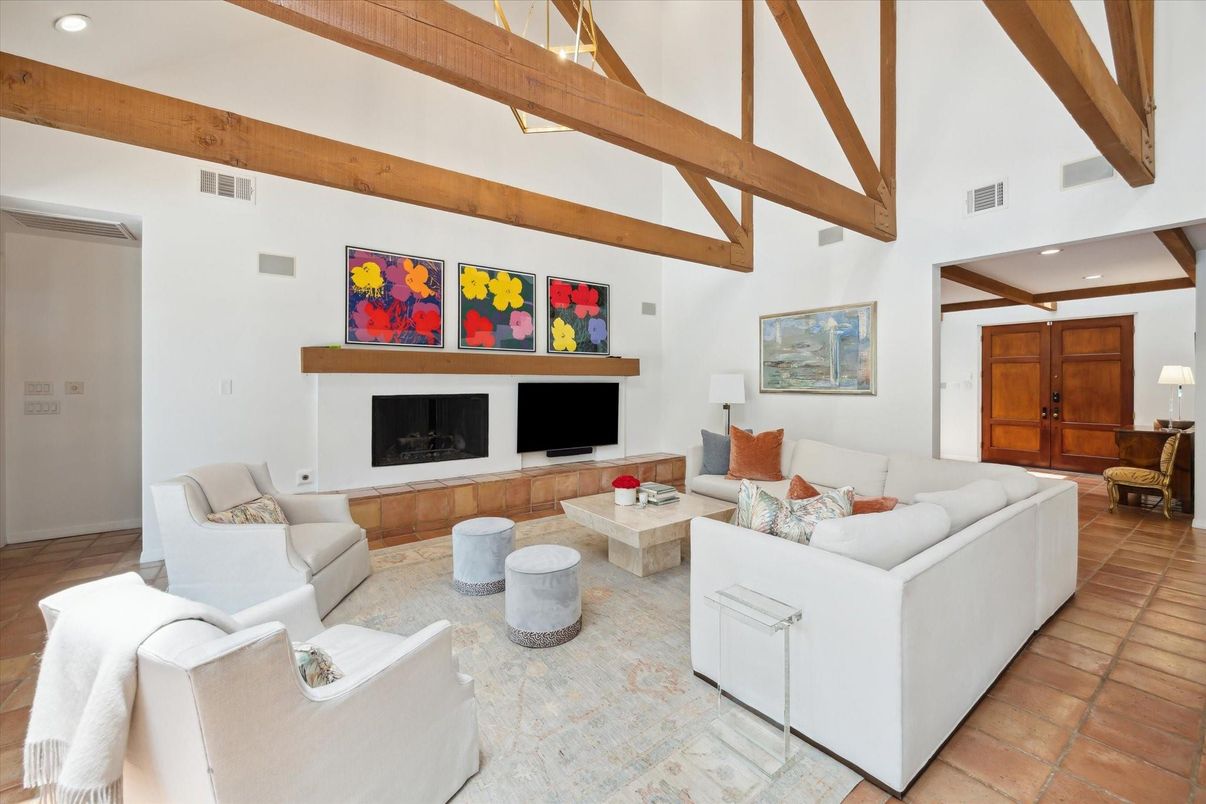 Fireplace, Interior, Living room, Recessed Lighting, Wooden Beams