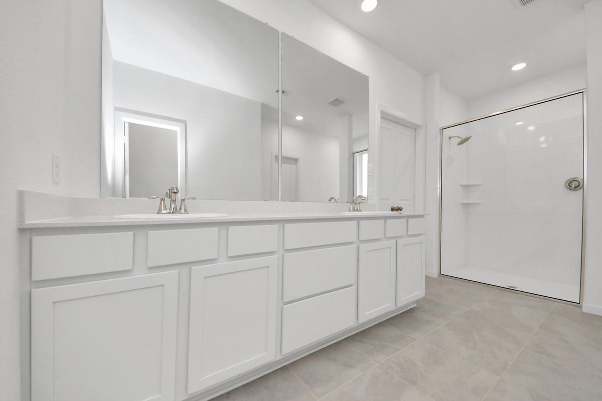 Bathroom, Dual Sink Vanities, Glass Shower, Interior, Recessed Lighting