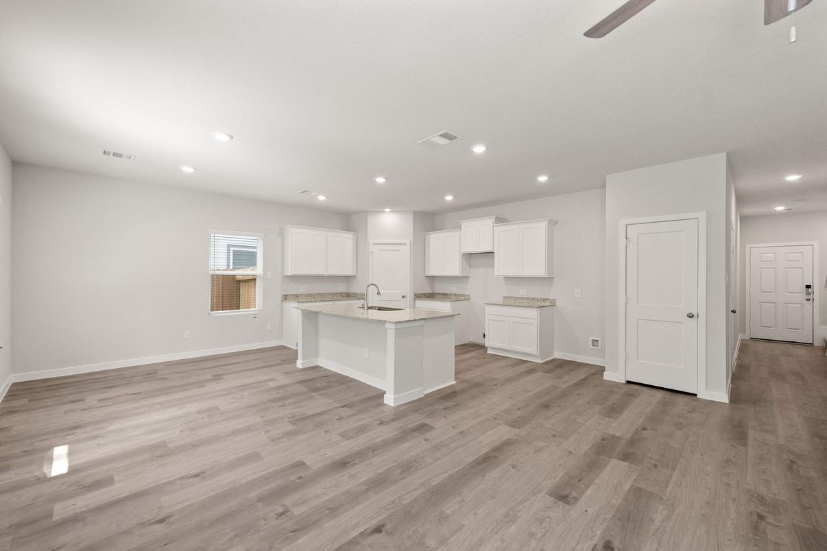 Empty room, Interior, Kitchen, Recessed Lighting, Wood Texture Flooring
