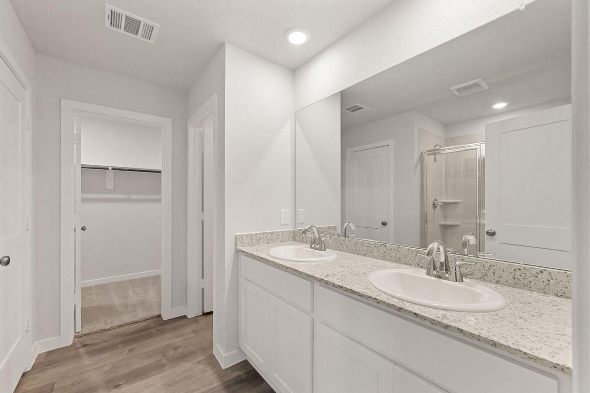 Bathroom, Dual Sink Vanities, Interior, Recessed Lighting, Wood Texture Flooring