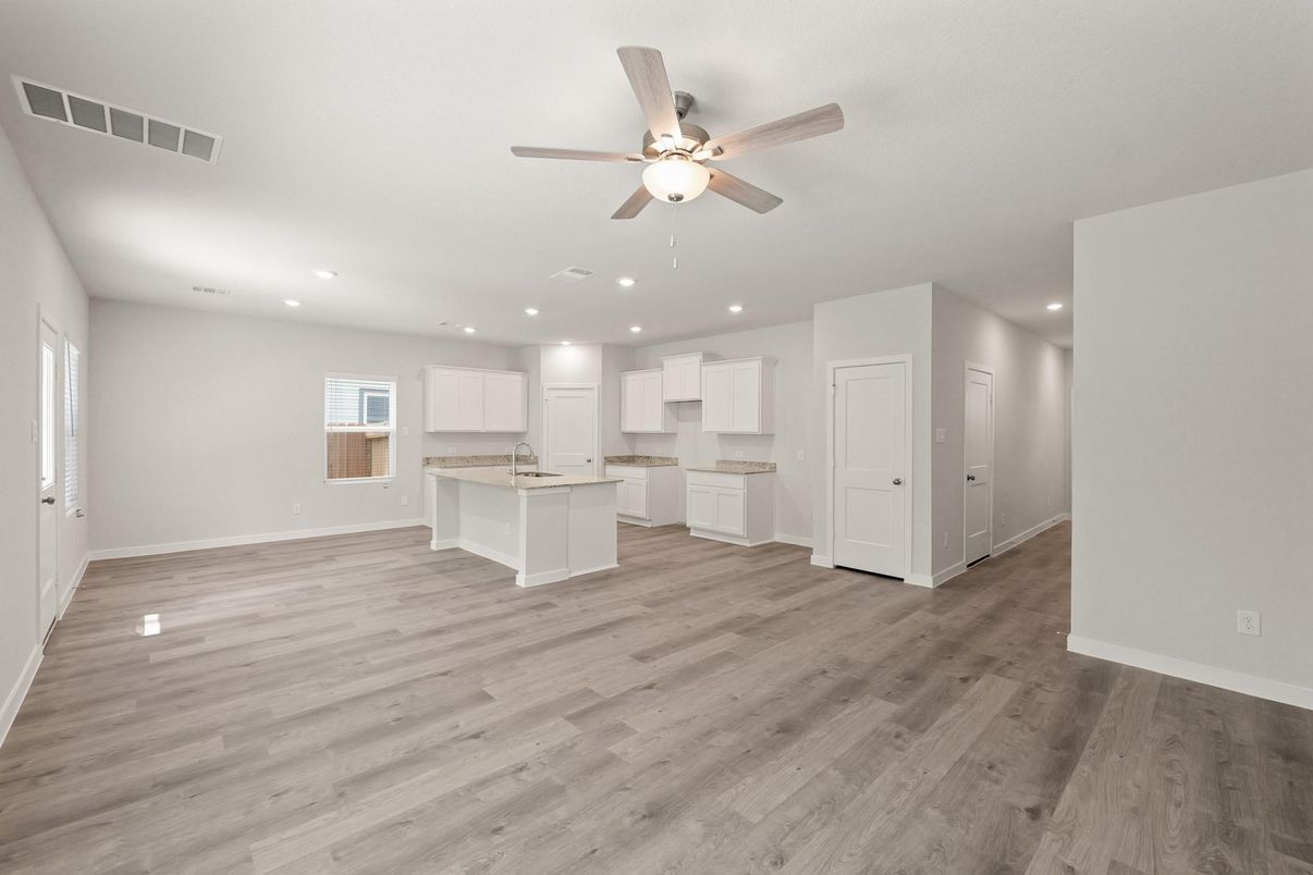 Empty room, Interior, Kitchen, Recessed Lighting, Wood Texture Flooring