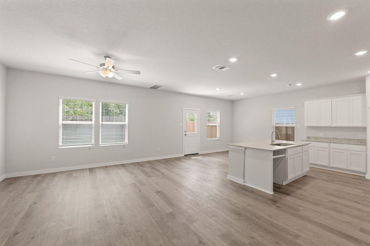 Empty room, Interior, Kitchen, Recessed Lighting, Wood Texture Flooring