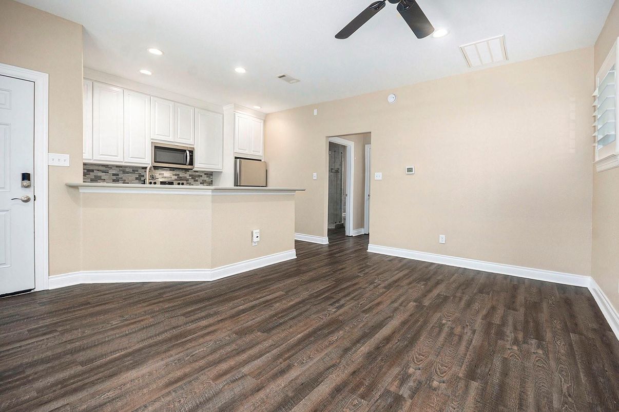 Empty room, Interior, Kitchen, Recessed Lighting, Wood Texture Flooring