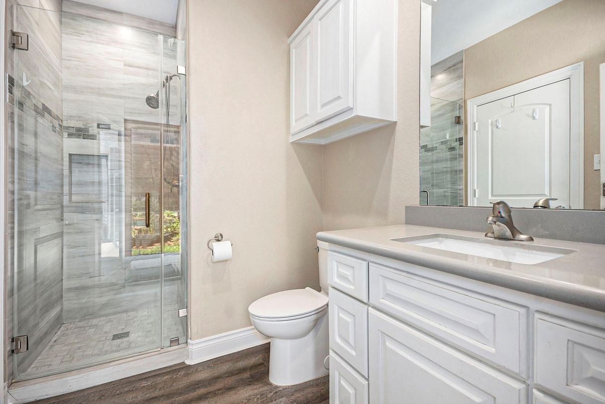 Bathroom, Glass Shower, Interior, Wood Texture Flooring