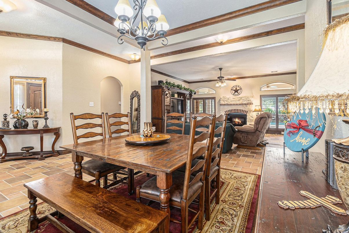 Chandelier, Dining room, Fireplace, Interior