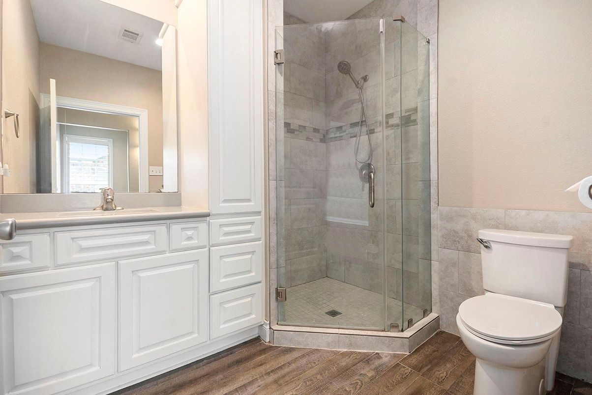 Bathroom, Glass Shower, Interior, Wood Texture Flooring