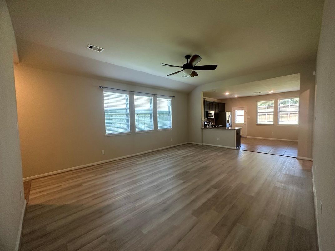 Empty room, Interior, Kitchen, Recessed Lighting, Wood Texture Flooring