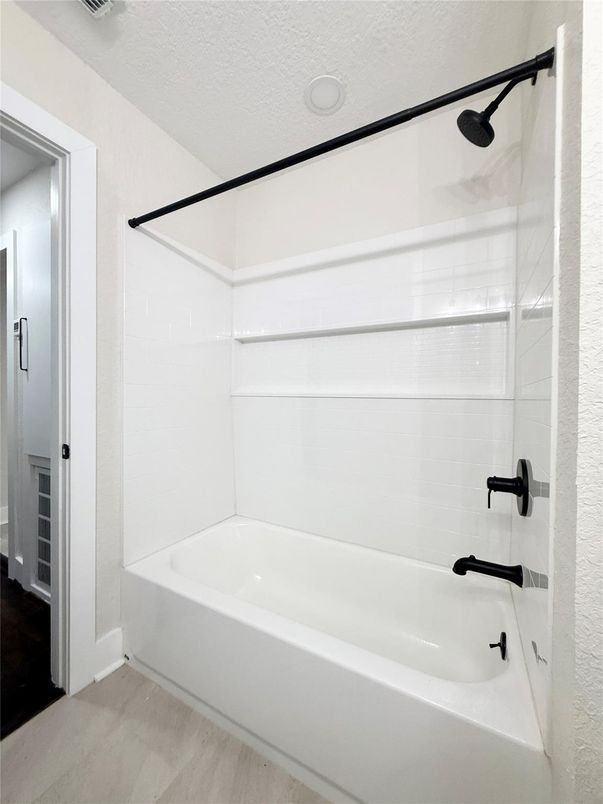 Bathroom, Glass Shower, Interior, Wood Texture Flooring