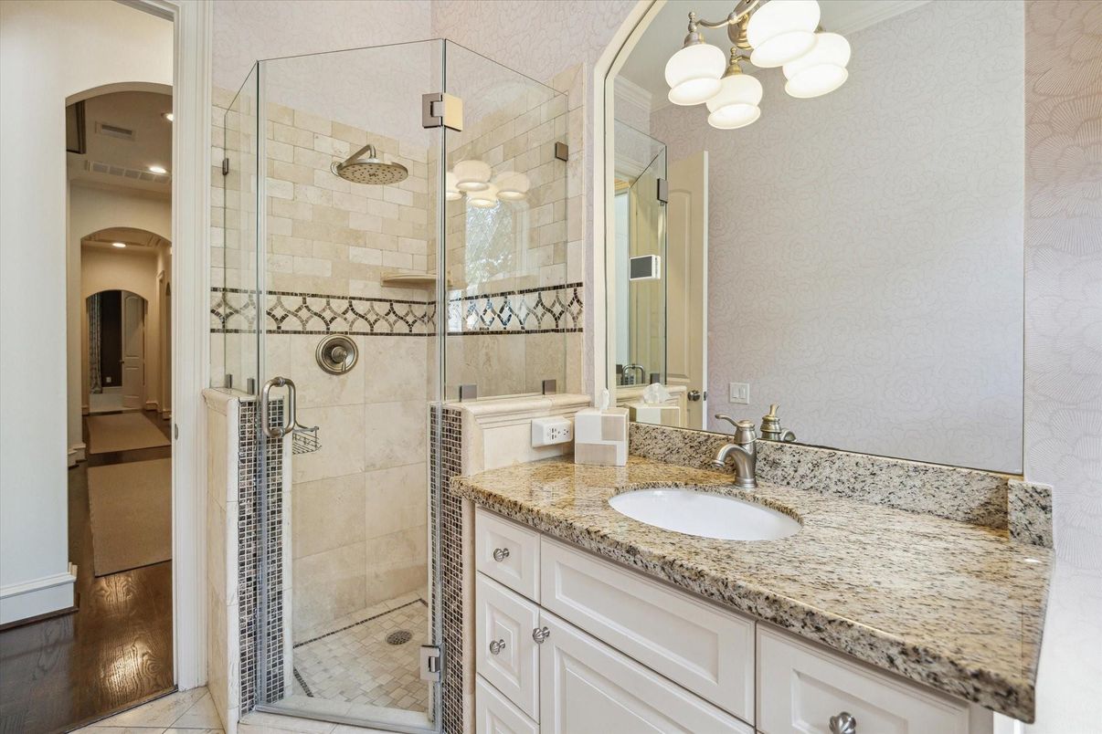 Bathroom, Dual Sink Vanities, Glass Shower, Interior, Wood Texture Flooring