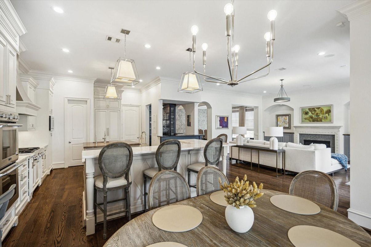 Fireplace, Interior, Kitchen, Living room, Pendant Lights, Recessed Lighting, Stainless Steel Appliances, Wood Texture Flooring