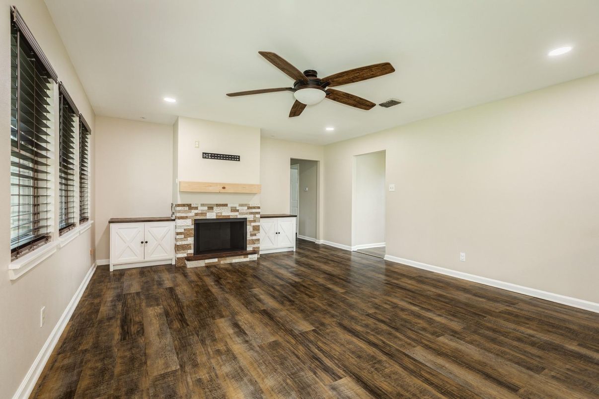 Empty room, Fireplace, Interior, Recessed Lighting, Wood Texture Flooring