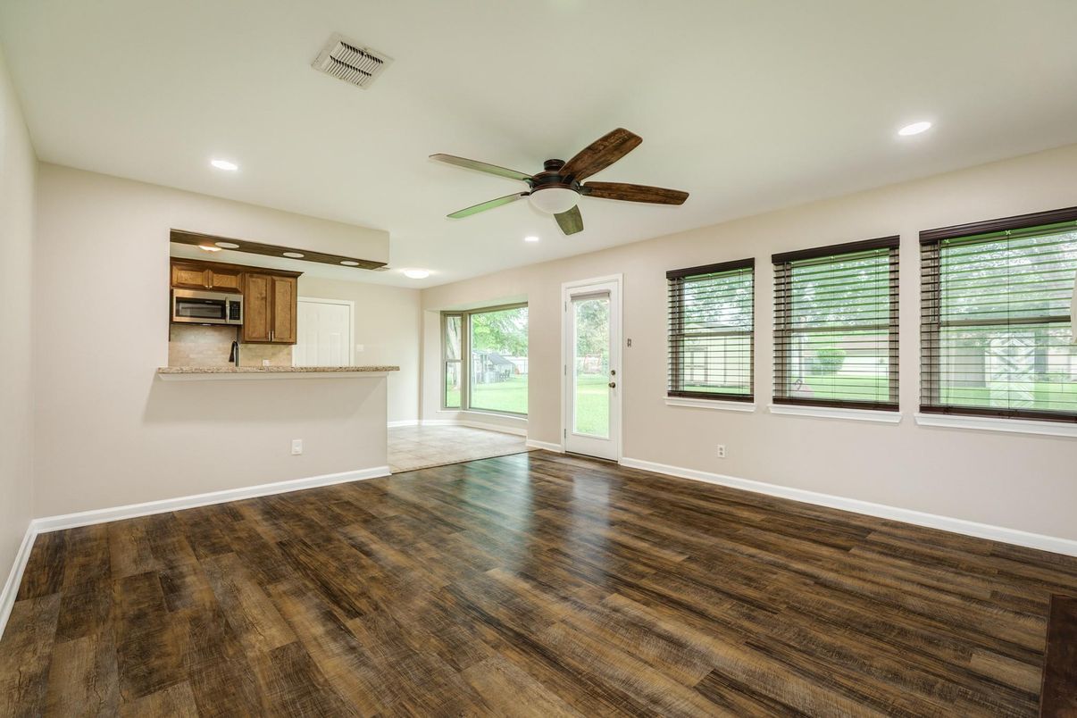 Empty room, Interior, Kitchen, Recessed Lighting, Wood Texture Flooring