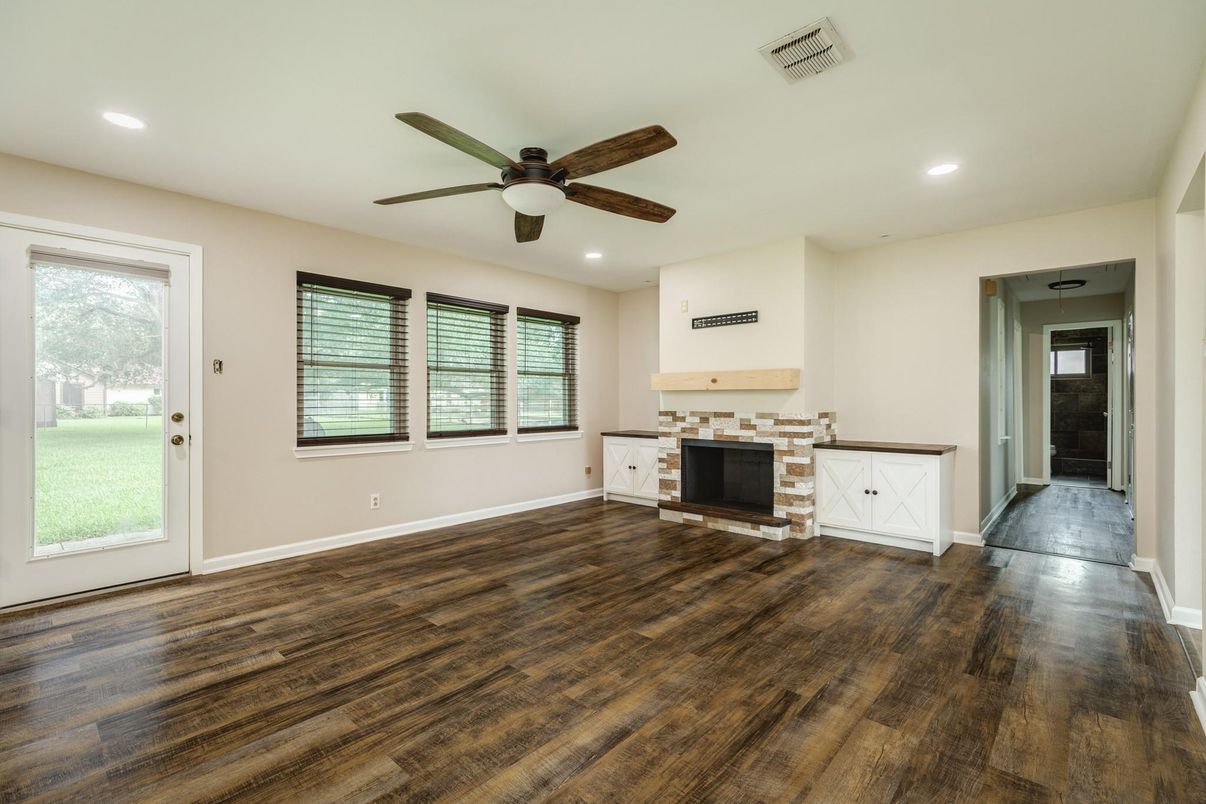 Empty room, Fireplace, Interior, Recessed Lighting, Wood Texture Flooring